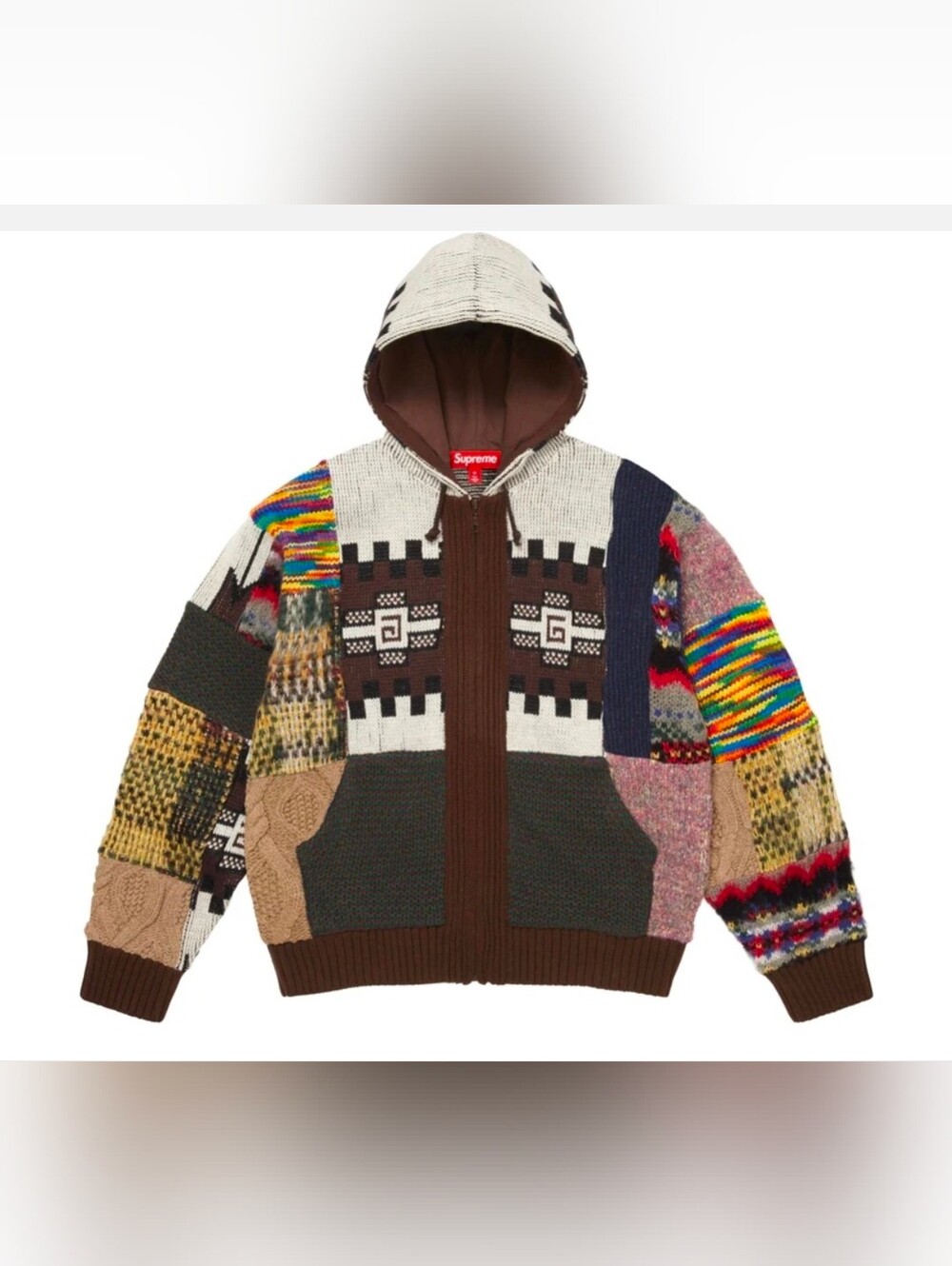 Supreme Patchwork Zip Up Hooded Sweater - Brown